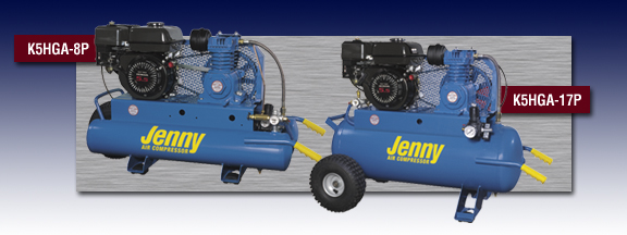 Jenny Single Stage Wheeled Portable Gasoline Engine Air Compressors - Models K5HGA-8P and K5HGA-17P