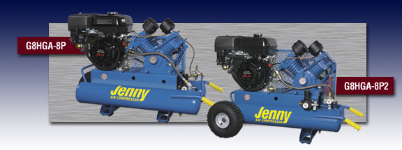 Jenny Single Staged Wheeled Portable Gasoline Engine Air Compressors - Models G8HGA-8P and G8HGA-8P2