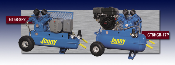 Jenny Two Stage Wheeled Portable Air Compressors - Models GT5B-8P2 and GT8HGB-17P